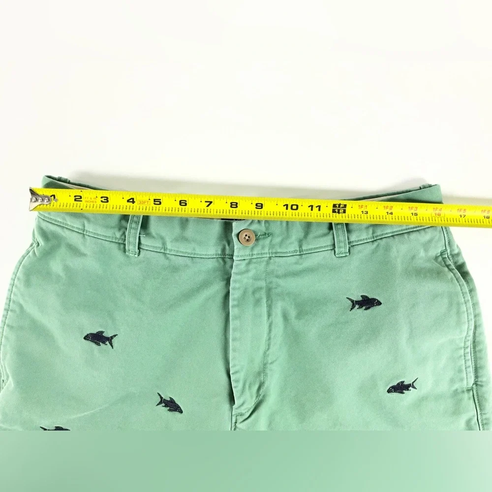 J. Crew Shark Embroidered Chino Flat Front Green‎ Shorts Mens Size 34